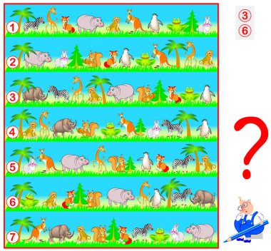 Çocuklar ve yetişkinler için oyun bulmaca mantık. Hayvanların aynı seti ile iki satır görmeniz gerekir. Vektör çizgi film resim.