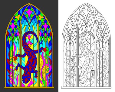 Colorful and black and white pattern of Gothic stained glass window with salamander and flames. Worksheet for children and adults. Vector image. clipart