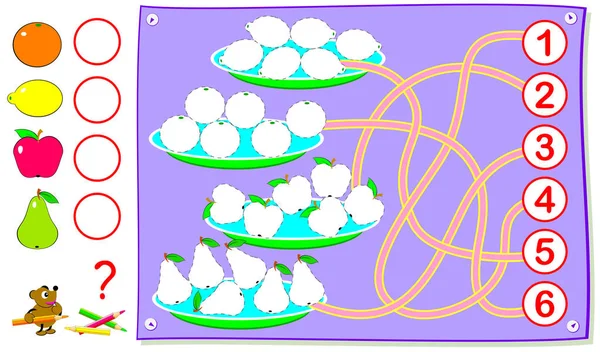 Логические Упражнения Маленьких Детей Необходимо Нарисовать Соответствующее Количество Фруктов Записать — стоковый вектор