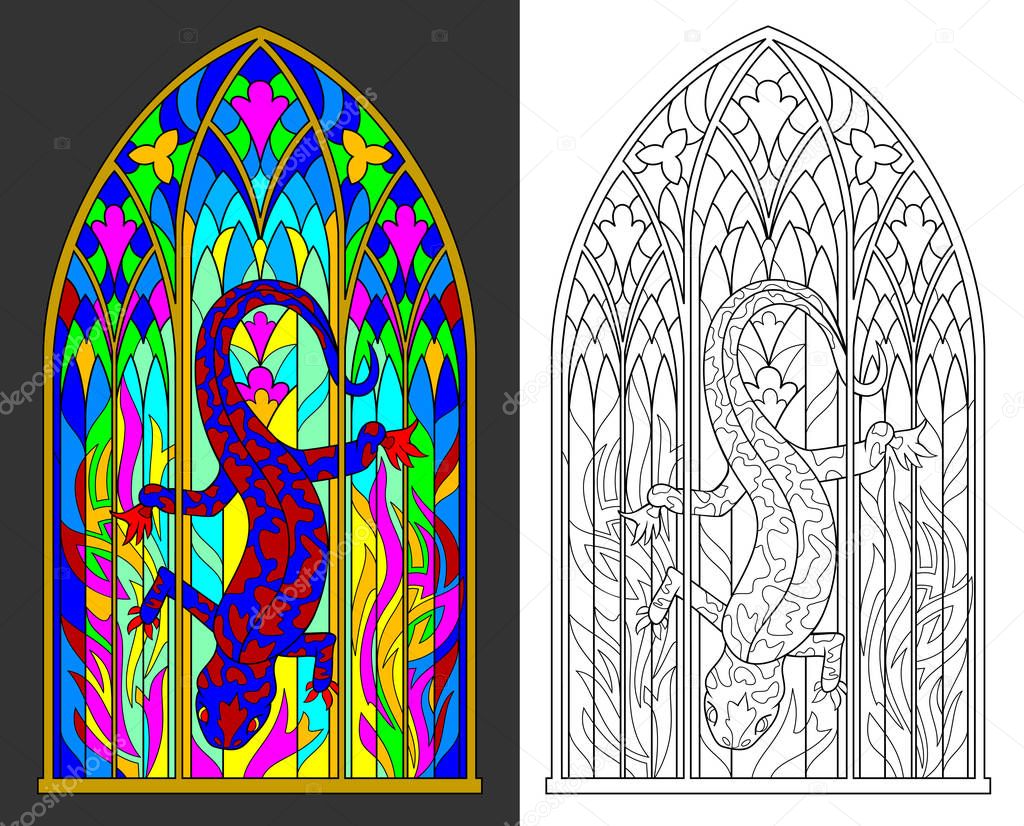Colorful and black and white pattern of Gothic stained glass window with salamander and flames. Worksheet for children and adults. Vector image.