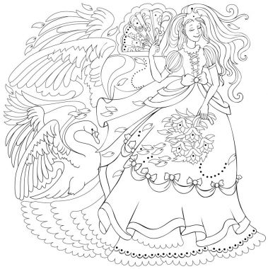 Siyah ve beyaz sayfa boyama. Fan ve fairyland kuğu tutan peri çizim. Çocuklar ve yetişkinler için çalışma sayfası. Vektör görüntü.