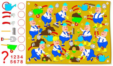 Logic exercise for kids. How many garden tools you can find in the picture? Count and write the numbers in corresponding circles. Vector cartoon image. clipart