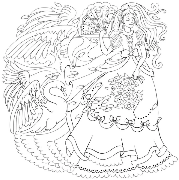 黒と白の着色のページです ファンとおとぎの国の白鳥を持つ妖精の図面 子供と大人のためのワークシート ベクトル画像 — ストックベクタ