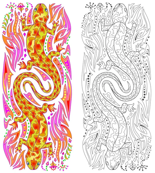 Patrón Colorido Blanco Negro Para Colorear Ilustración Salamandras Llamas Hoja — Vector de stock