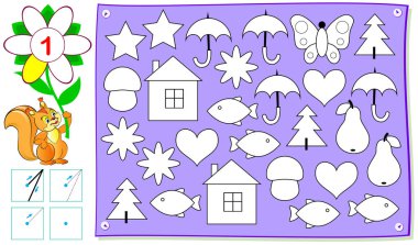 Bir numara olan genç çocuklar için eğitim sayfası. Her nesne, bir tane renk gerekiyor. Vektör çizgi film resim.