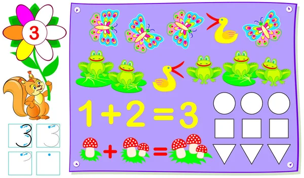 Pagina Educativa Bambini Piccoli Con Numero Tre Immagine Del Cartone — Vettoriale Stock