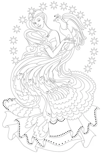 Página Blanco Negro Para Colorear Dibujo Fantasía Hada Hermosa Con — Vector de stock