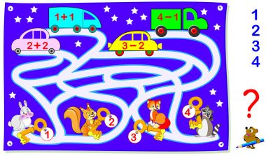 Toplama ve çıkarma çocuklar için egzersizleri ile eğitim sayfası. Arabaları bulmak hayvanlara yardım. Örnekler çözmek ve yol çizin. Vektör görüntü.