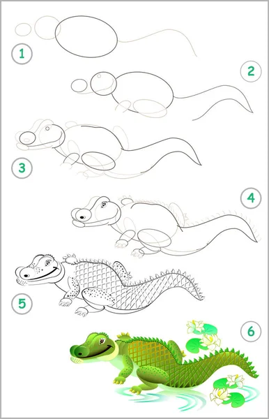 Página Muestra Cómo Aprender Paso Paso Para Dibujar Cocodrilo Lindo — Archivo Imágenes Vectoriales