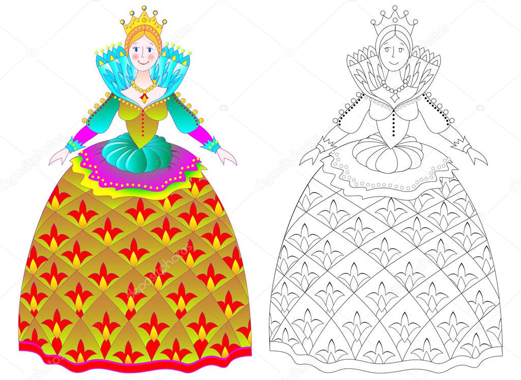 Colorful and black and white pattern for coloring. Illustration of beautiful medieval princess in elegant dress. Worksheet for children and adults. Vector image.