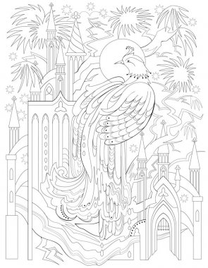 Black and white page for coloring. Fantasy drawing of firebird and fairytale medieval kingdom. Worksheet for children and adults. Vector image. clipart