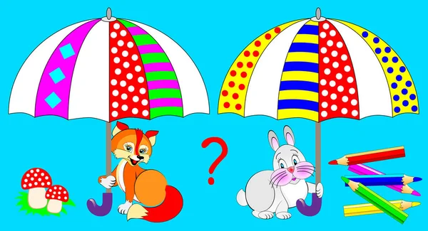 幼儿的逻辑练习 两只动物都有相同的雨伞 在缺少的细节上涂上相应的装饰品 矢量卡通图像 — 图库矢量图片