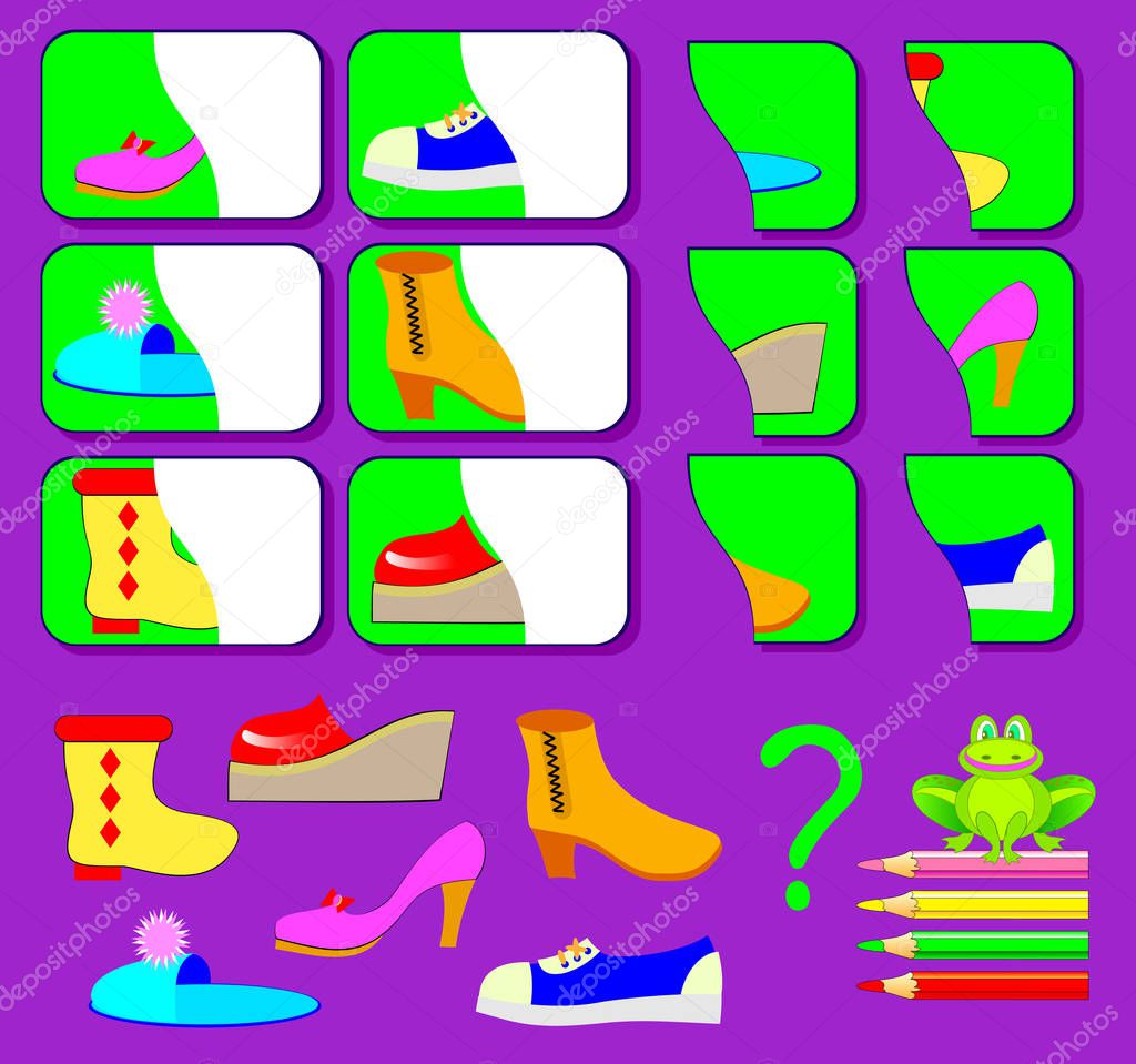 Logic exercise for young children. Need to find the second parts of shoes and draw them in relevant places. Vector image.