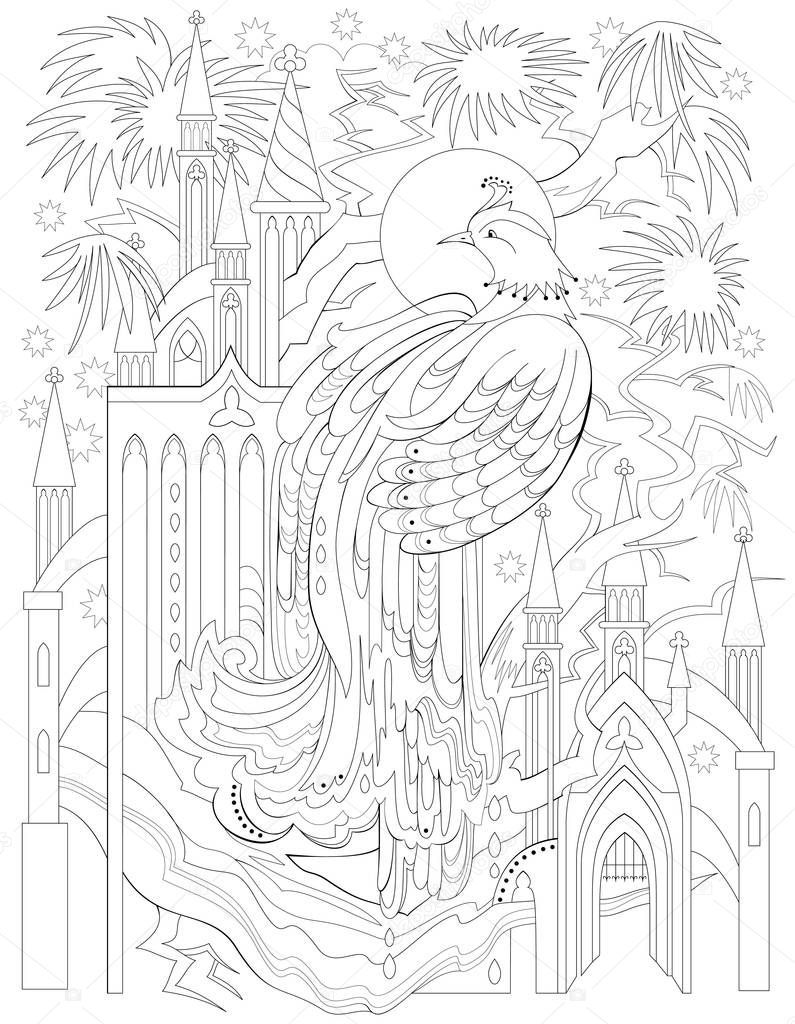 Black and white page for coloring. Fantasy drawing of firebird and fairytale medieval kingdom. Worksheet for children and adults. Vector image.