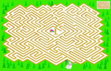 Logic puzzle game with labyrinth for children and adults. Help the rabbit find the way till the carrot. Vector image. clipart