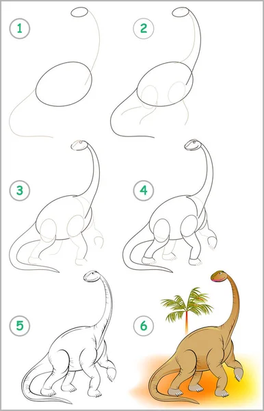 Página Mostra Como Aprender Passo Passo Para Desenhar Dinossauro Bonito — Vetor de Stock