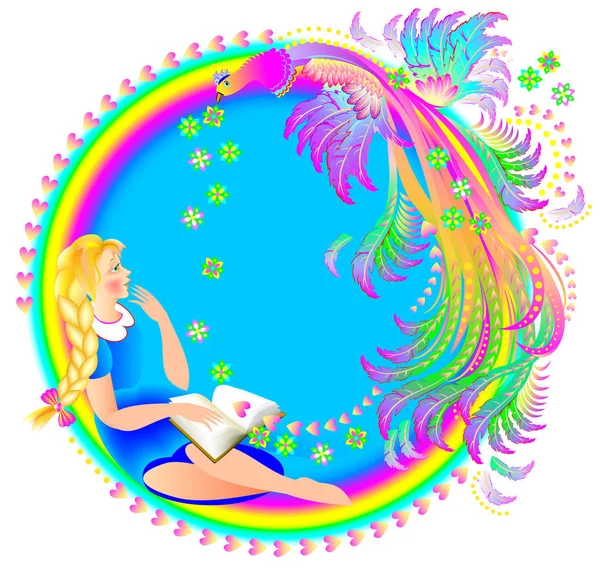 插图美丽的女孩读的书和梦想的幻想背景与国产和彩虹 童话故事的封面 矢量卡通图像 — 图库矢量图片