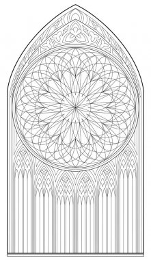 Siyah ve beyaz sayfa boyama. Vitray ve rose ile Ortaçağ Gotik penceresinin çizim. Çocuklar ve yetişkinler için çalışma sayfası. Vektör görüntü.