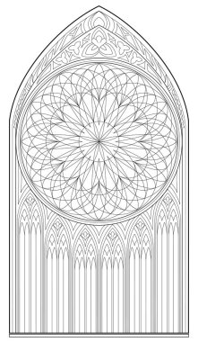 Black and white page for coloring. Drawing of medieval Gothic window with stained glass and rose. Worksheet for children and adults. Vector image. clipart