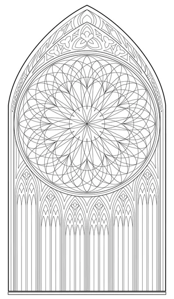 Black White Page Coloring Drawing Medieval Gothic Window Stained Glass — Stock Vector