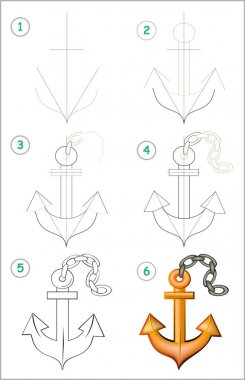 Page shows how to learn step by step to draw an anchor. Developing children skills for drawing and coloring. Vector image. clipart