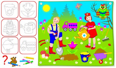 Logic exercise for kids. Find the images in the picture and paint them in corresponding colors. Vector cartoon image. clipart