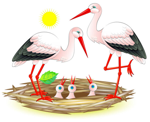 Illustration of happy stork family with their chicks in the nest. Vector cartoon image.