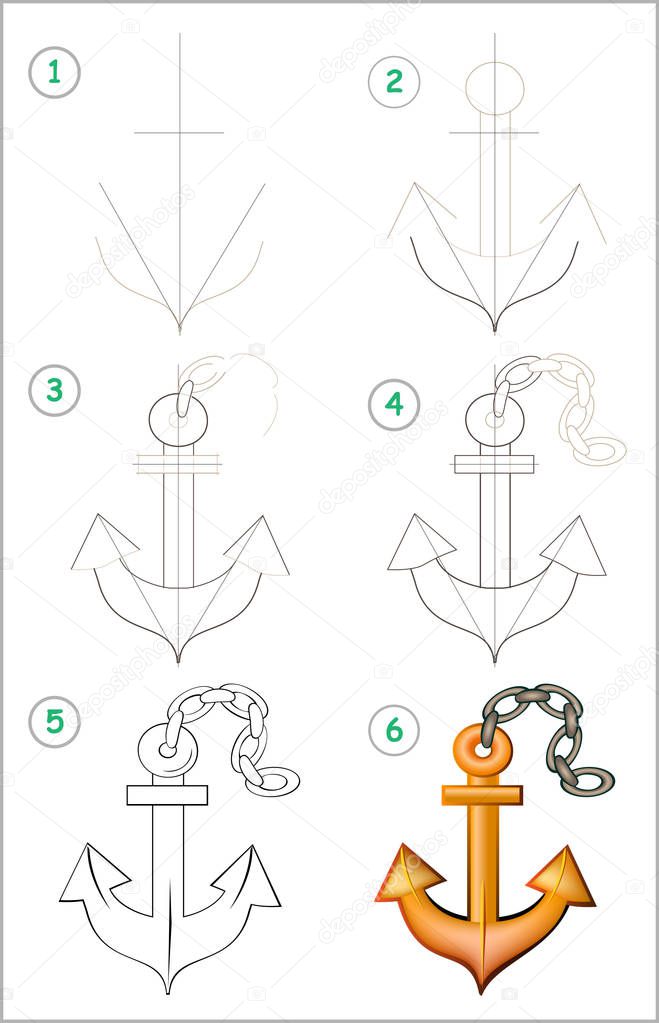 Page shows how to learn step by step to draw an anchor. Developing children skills for drawing and coloring. Vector image.