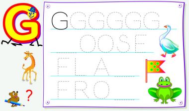 Eğitim sayfa için G harfi olan genç çocuklar için İngilizce çalışma. İçin okuma ve yazma becerilerini geliştirmek. Vektör çizgi film resim.