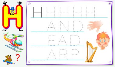 Eğitim sayfa için H harfi olan genç çocuklar için İngilizce çalışma. İçin okuma ve yazma becerilerini geliştirmek. Vektör çizgi film resim.