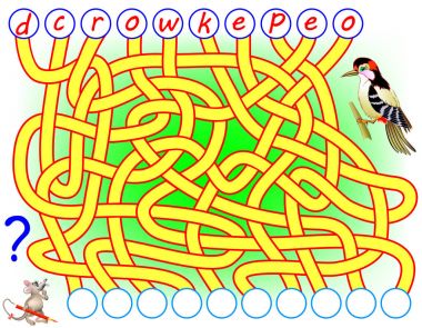 Mantık bulmaca için çalışma İngilizce oyun. Mektuplar için doğru yer bulmak, bunları ilgili çevrelerde yazmak ve kelime okumak gerekir. Vektör çizgi film resim.