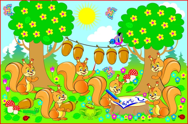 Illustration Für Ein Lehrbuch Über Mathematik Fröhliche Eichhörnchen Wald Lernen — Stockvektor