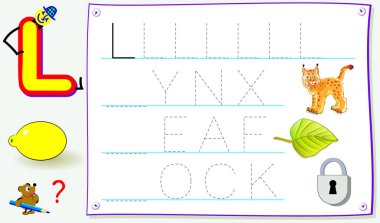 Eğitim sayfa için L harfi olan genç çocuklar için İngilizce çalışma. İçin okuma ve yazma becerilerini geliştirmek. Vektör çizgi film resim.