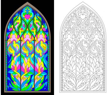 Gothic vitray pencere renkli ve siyah-beyaz desen. Çocuklar ve yetişkinler için çalışma sayfası. Vektör görüntü.