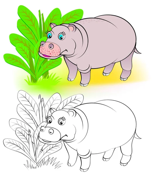 Patrón Colorido Blanco Negro Para Colorear Ilustración Lindo Hipopótamo Hoja — Vector de stock