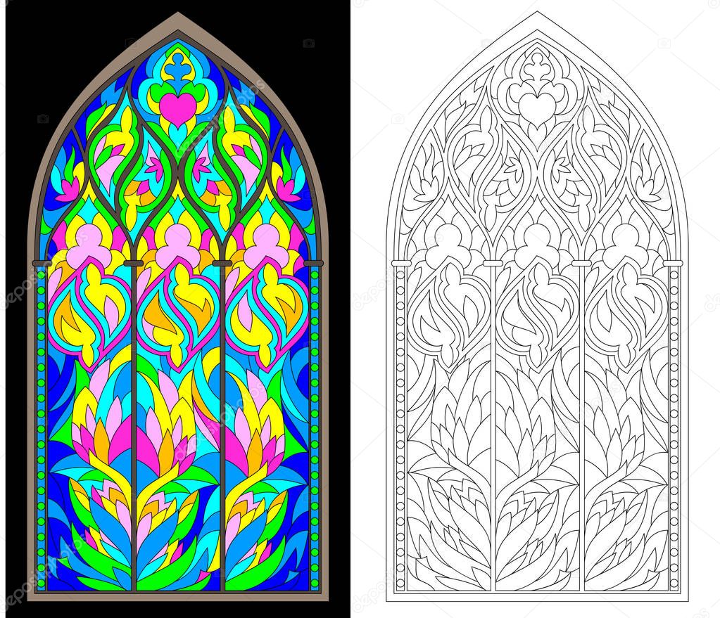 Colorful and black and white pattern of Gothic stained glass window. Worksheet for children and adults. Vector image.