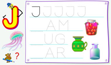 Eğitim sayfa için J harfi olan genç çocuklar için İngilizce çalışma. İçin okuma ve yazma becerilerini geliştirmek. Vektör çizgi film resim.