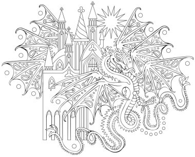 Black and white page for coloring. Fantasy drawing of flying dragon. Worksheet for children and adults. Vector image. clipart