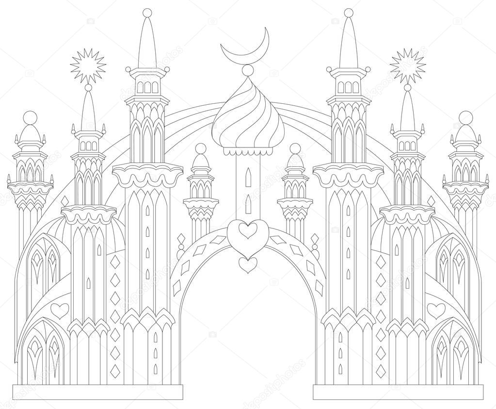 Black and white page for coloring. Fantastic East castle from a fairy tale. Worksheet for children and adults. Vector image.