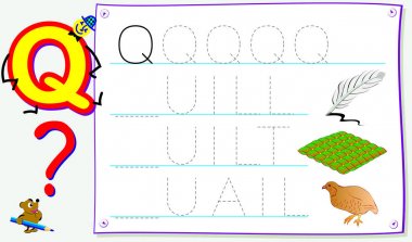 Harf Q için olan genç çocuklar için eğitim sayfa İngilizce çalışma. İçin okuma ve yazma becerilerini geliştirmek. Vektör çizgi film resim.