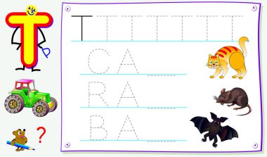 İçin T harfi olan genç çocuklar için eğitim sayfa İngilizce çalışma. İçin okuma ve yazma becerilerini geliştirmek. Vektör çizgi film resim.