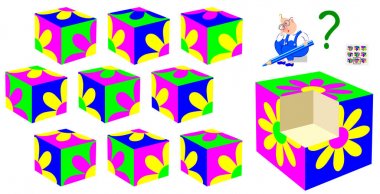 Çocuklar ve yetişkinler için oyun bulmaca mantık. Küpün dışında düştü doğru parçası bulmak. Vektör çizgi film resim.