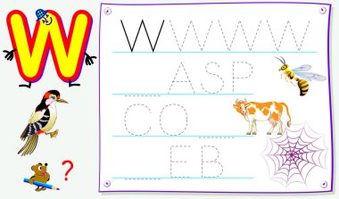 Harf W çalışma İngilizce için olan genç çocuklar için eğitim sayfası. İçin okuma ve yazma becerilerini geliştirmek. Vektör çizgi film resim.