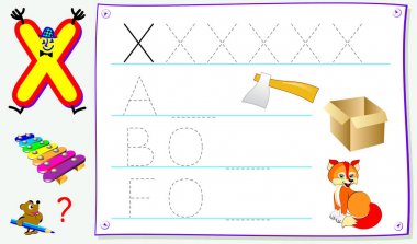 Eğitim sayfa için X harfi olan genç çocuklar için İngilizce çalışma. İçin okuma ve yazma becerilerini geliştirmek. Vektör çizgi film resim.