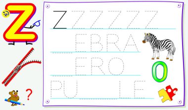 Harf Z için olan genç çocuklar için eğitim sayfa İngilizce çalışma. İçin okuma ve yazma becerilerini geliştirmek. Vektör çizgi film resim.