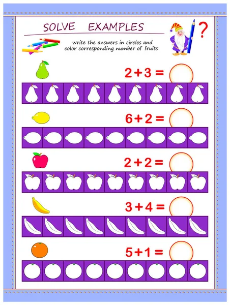 还为儿童设立了教育网页 求解实例 用圆形和颜色写出相应数量的水果的答案 儿童数学教科书的可打印工作表 Iq测试 — 图库矢量图片