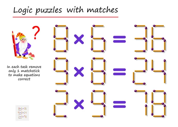 Lógico Juego Puzzle Con Partidos Cada Tarea Eliminar Solo Fósforo — Archivo Imágenes Vectoriales