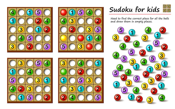 儿童和成年人的逻辑拼图游戏 Sudoku的孩子 找到所有球的正确位置 并把它们画在空的地方 大脑引物书的可打印页 Iq培训测试 — 图库矢量图片