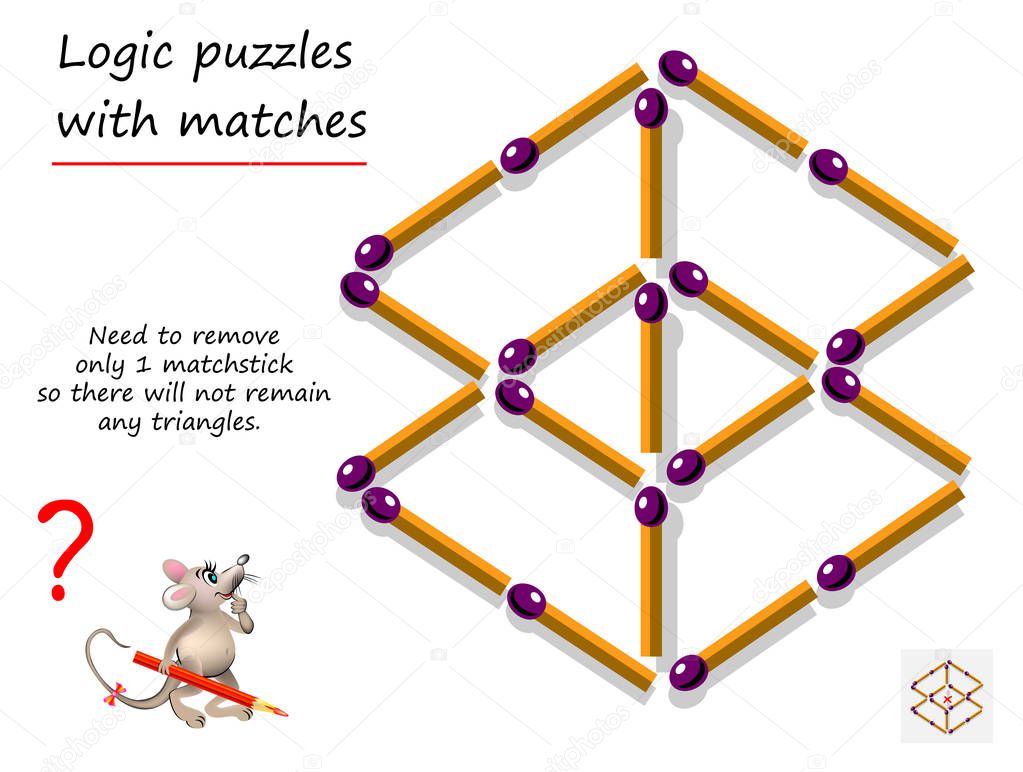 Logical puzzle game with matches for children and adults. Need to remove only 1 matchstick so there will not remain any triangles. Printable page for brain teaser book. IQ training test.