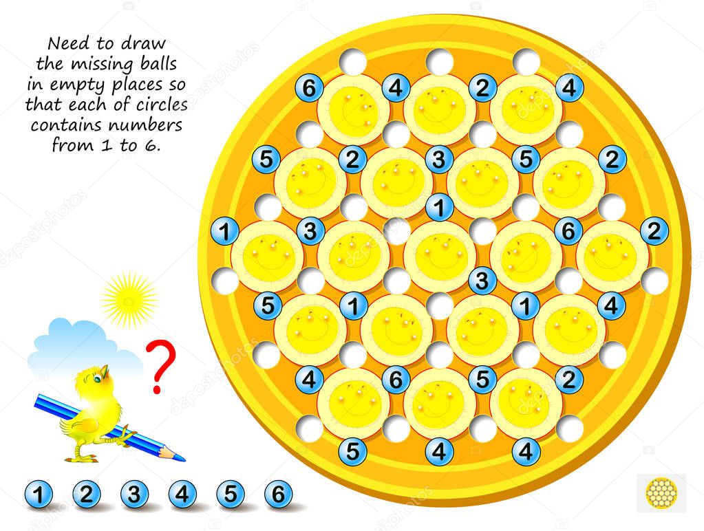 Logical puzzle game for children and adults. Sudoku for kids. Need to draw missing balls in empty places so that each of circles contains numbers from 1 to 6. Printable page for brain teaser book.